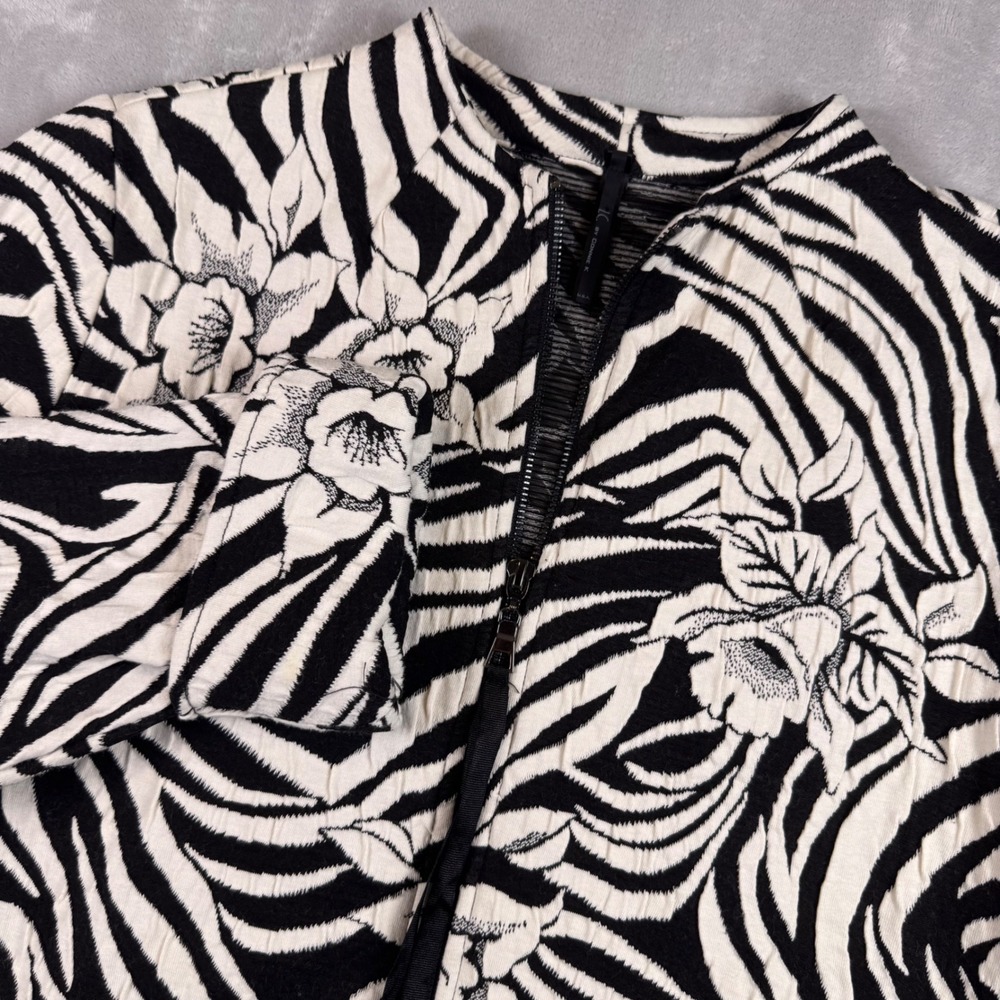 IC by Connie K Womens Zebra Floral Zip Front Textured Jacket Black White Large
